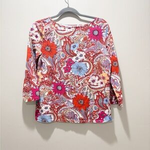 Talbots Women’s Colorful Floral Paisley Printed Cotton Blend Tee Size Medium